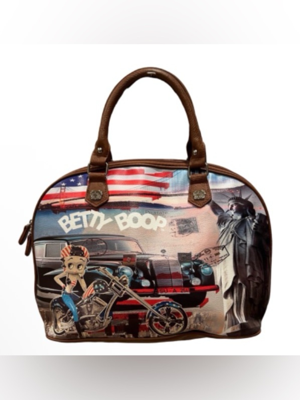 Betty Boop Brown biker Top-Handle Americana Graphic hand Bag patriotic